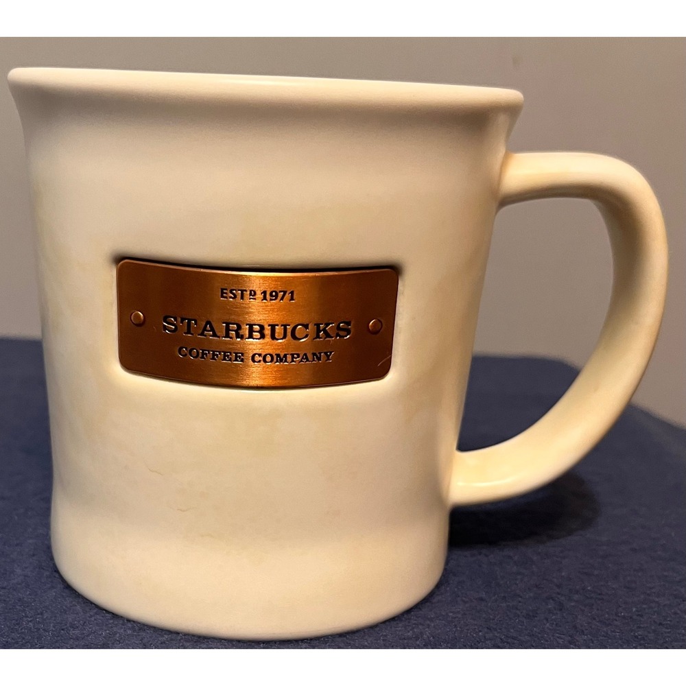 Starbucks 2010 Cream Ceramic Mug 16oz Copper Metal Logo Plate Est 1971